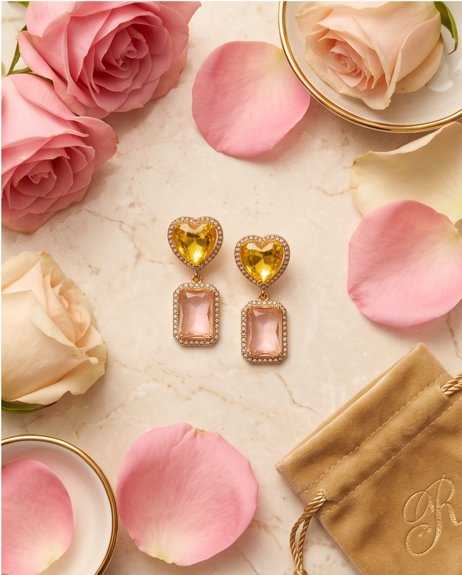 Citrine Heart & Rose Quartz Drop Earrings - styled on model with rose background