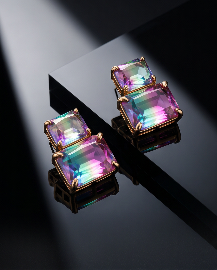 Aurora Double Stone Drop Earrings - close-up detail of iridescent rainbow crystal facets in gold claw setting