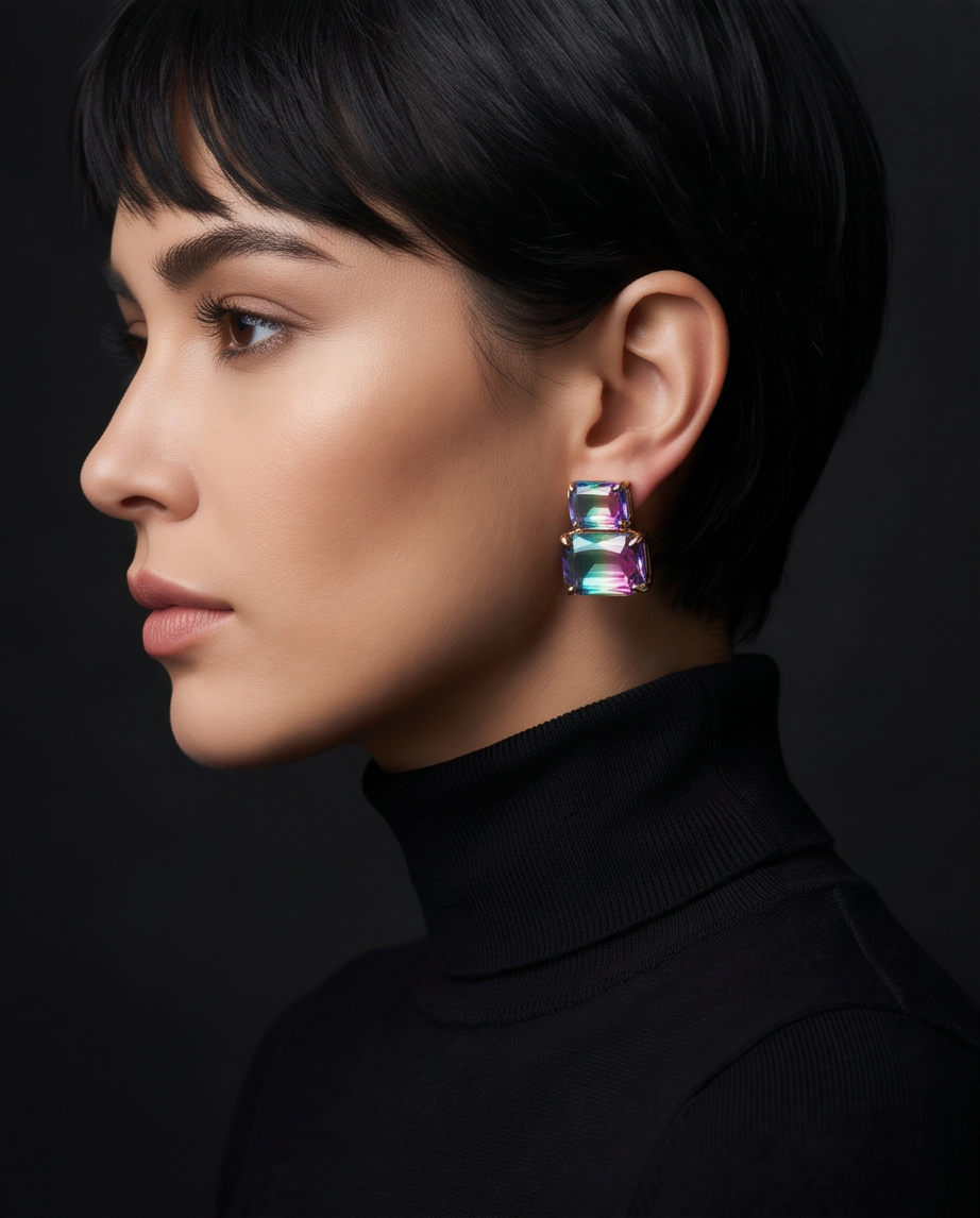 Aurora Double Stone Drop Earrings - styled on model wearing black turtleneck, side profile