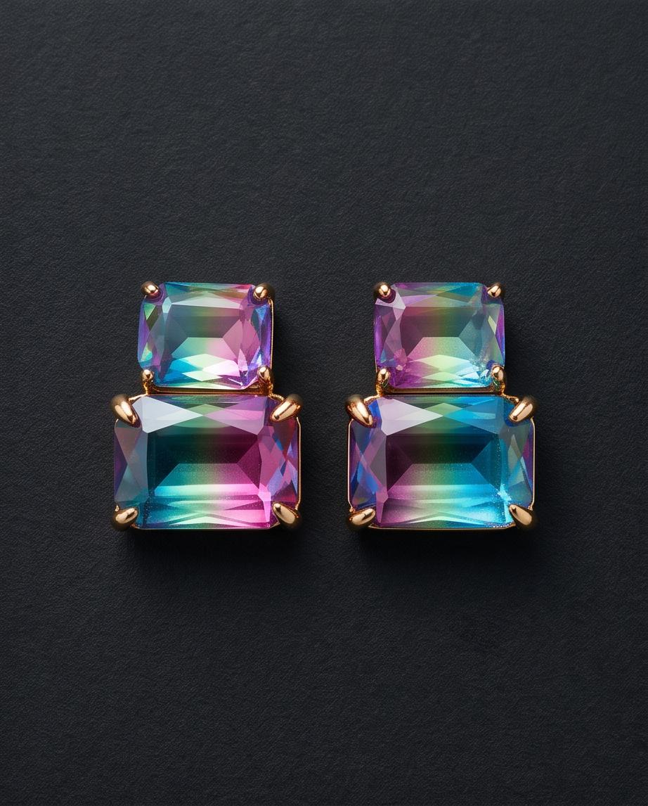 Aurora Double Stone Drop Earrings - flat lay product shot showing both earrings on dark background