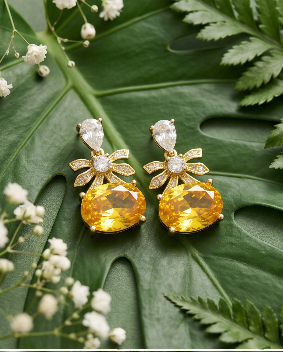 Citrine Bow & Crystal Drop Earrings - both earrings flat lay on tropical monstera leaf with white flowers