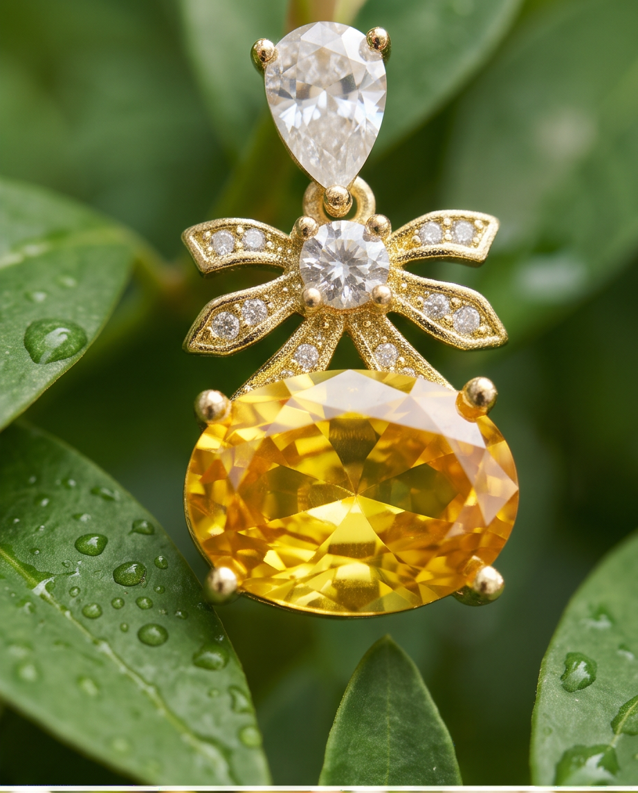 Citrine Bow & Crystal Drop Earrings - extreme macro close-up of faceted oval citrine drop with gold bow and pear crystal stud on dewy leaves
