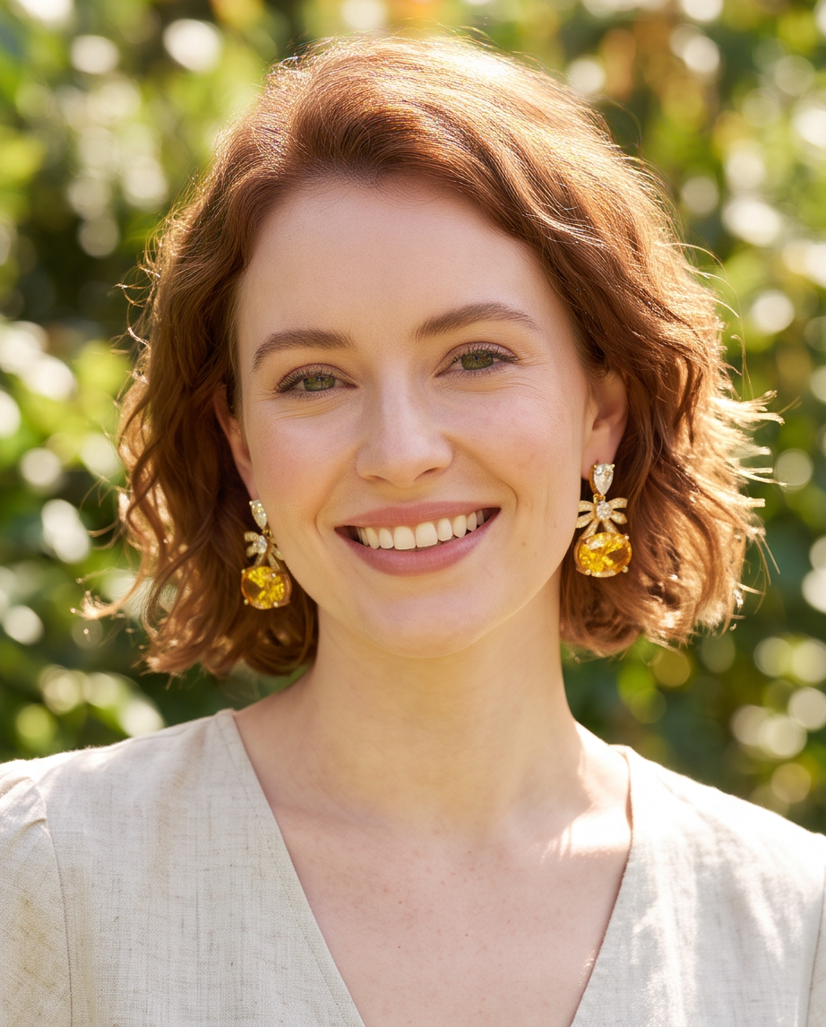 Citrine Bow & Crystal Drop Earrings - model smiling outdoors wearing gold bow and citrine drop earrings