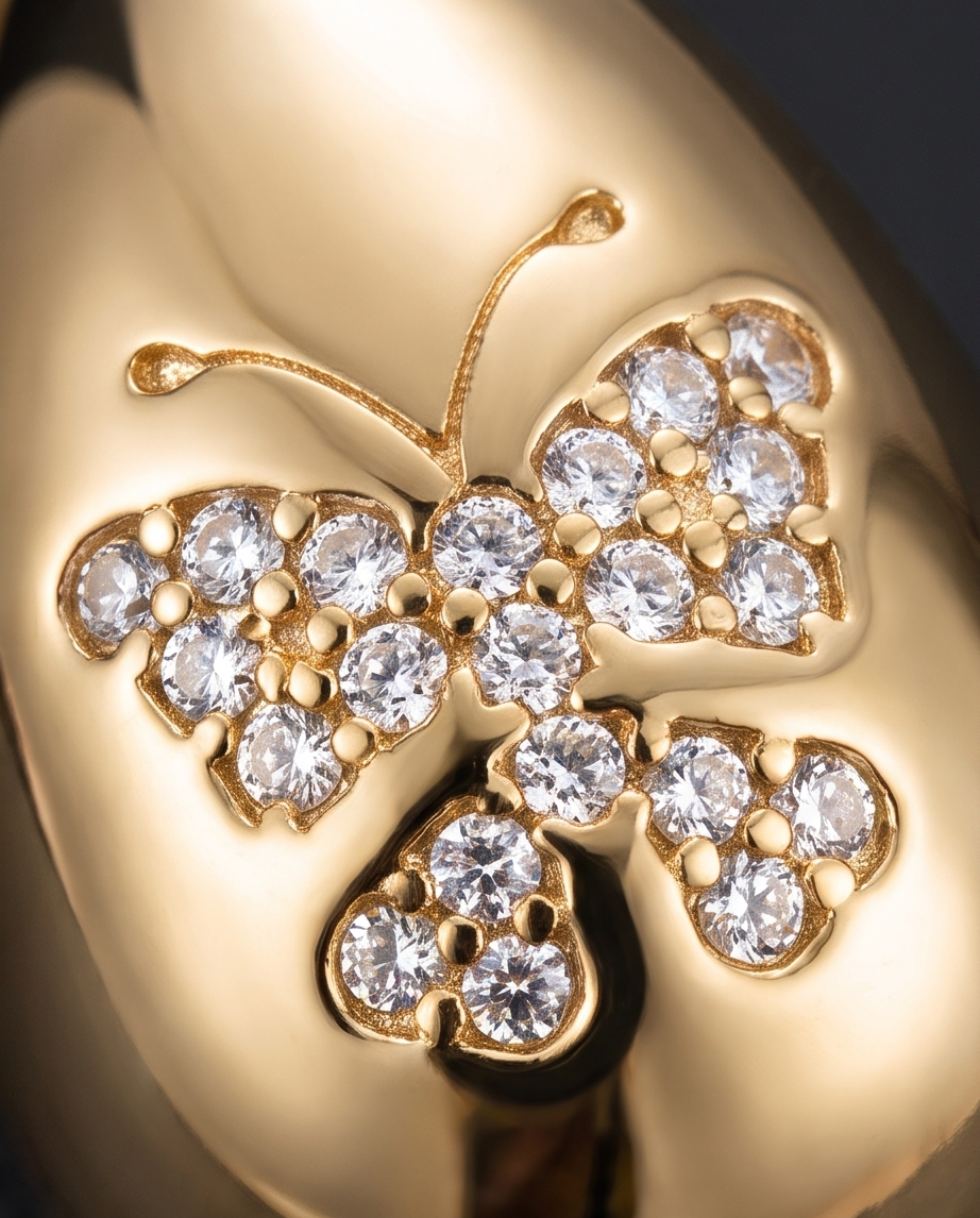 Gold Puffed Teardrop Butterfly Pavé Earrings - extreme macro close-up showing pavé butterfly on polished gold teardrop