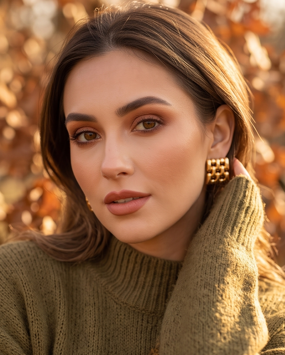 Model wearing gold chain-link square stud earrings with autumn foliage background