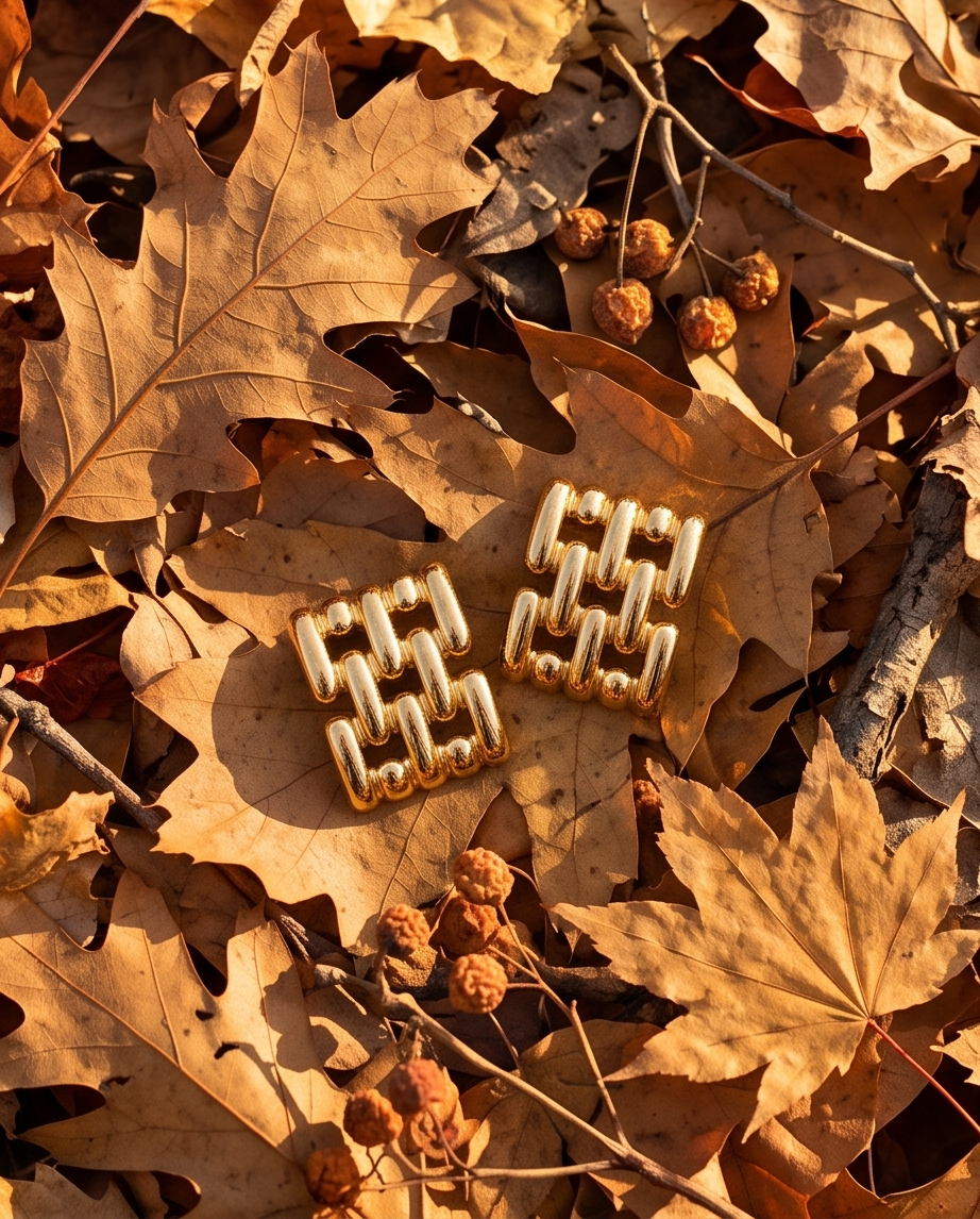 Gold chain-link square stud earrings on autumn leaves with berries