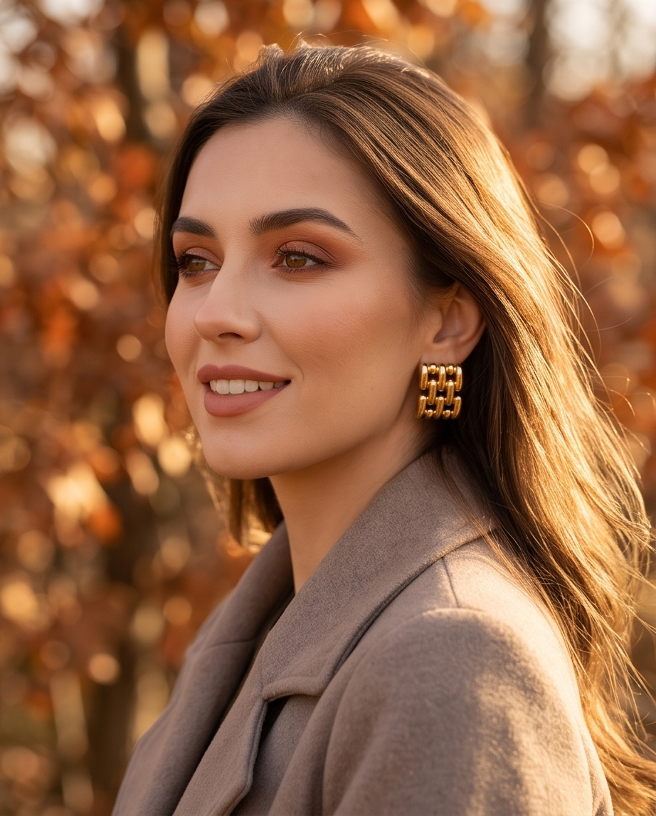 Model in camel coat wearing gold chain-link square stud earrings in autumn setting