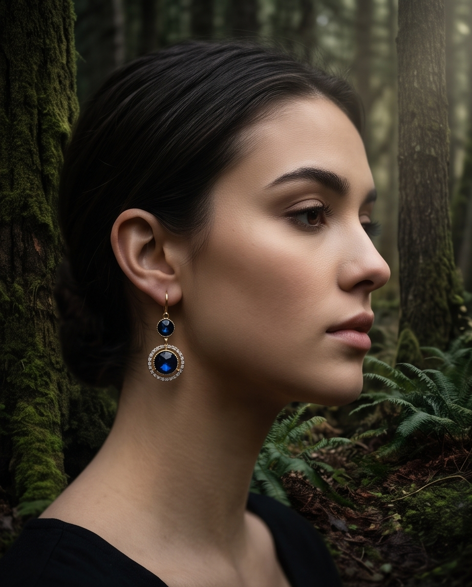 Gold sapphire blue double circle drop earrings on autumn moss