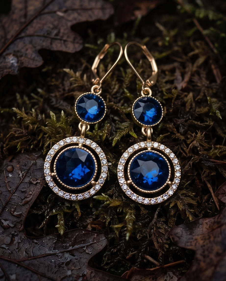 Gold sapphire blue double circle drop earrings on dark wood log