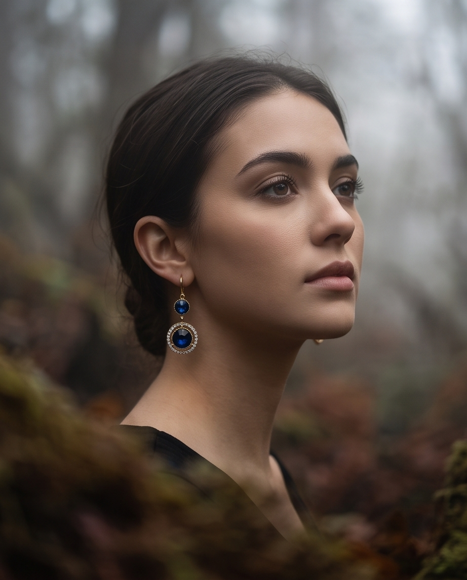 Model wearing gold sapphire blue double circle drop earrings in green forest