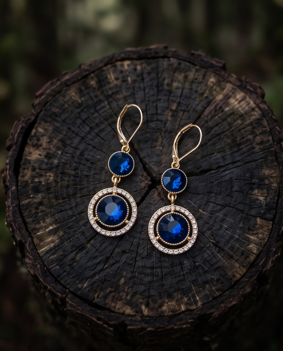 Model wearing gold sapphire blue double circle drop earrings in misty forest