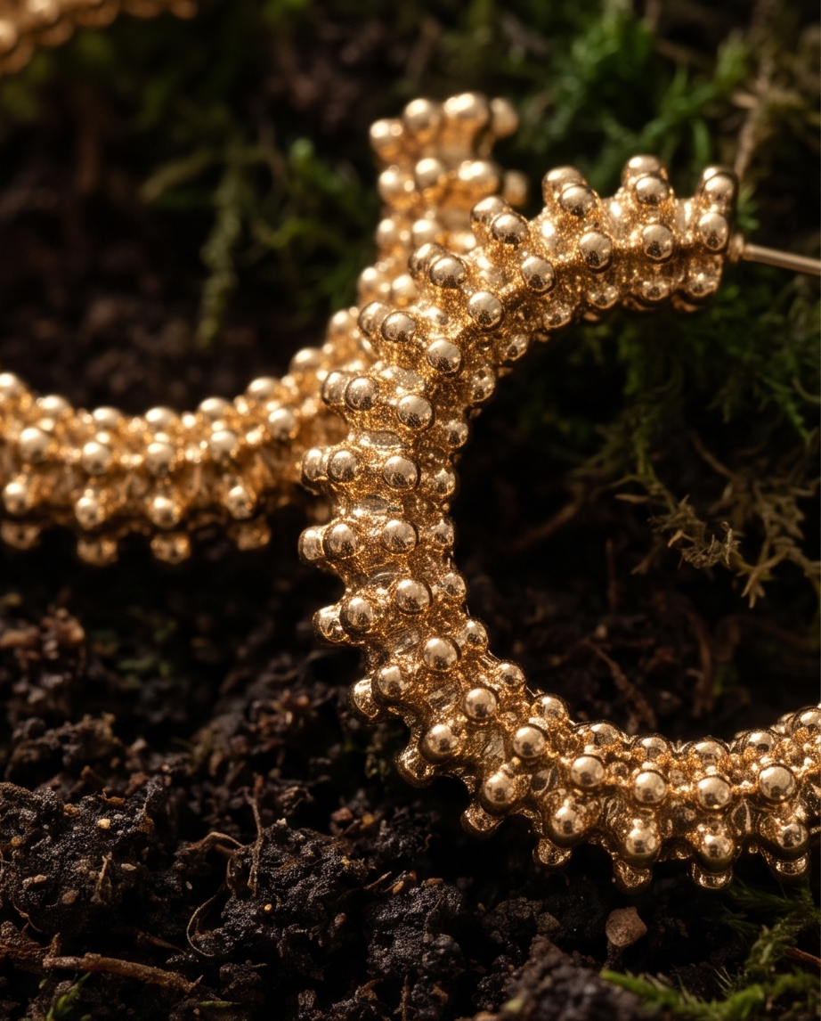 Gold beaded granulation hoop earrings on cracked earth with ferns