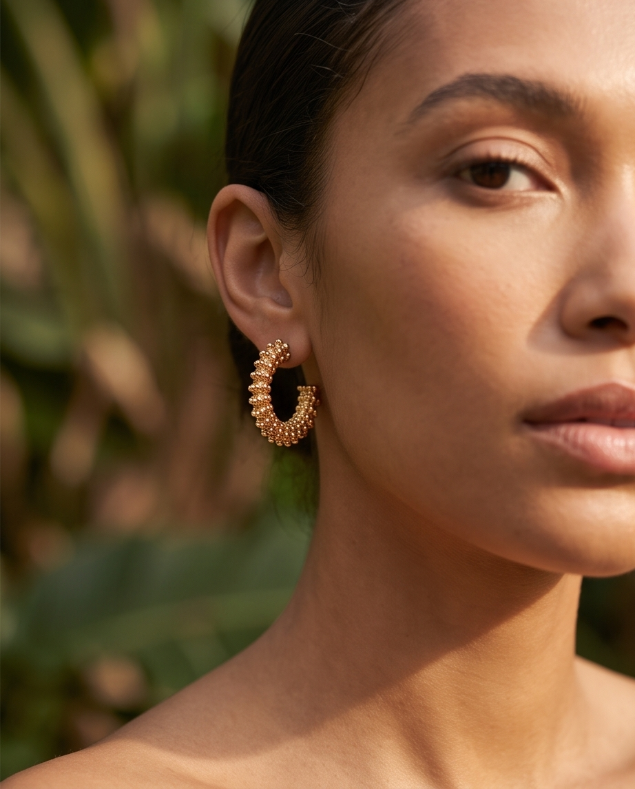 Close-up of gold beaded granulation hoop earrings on dark soil and moss