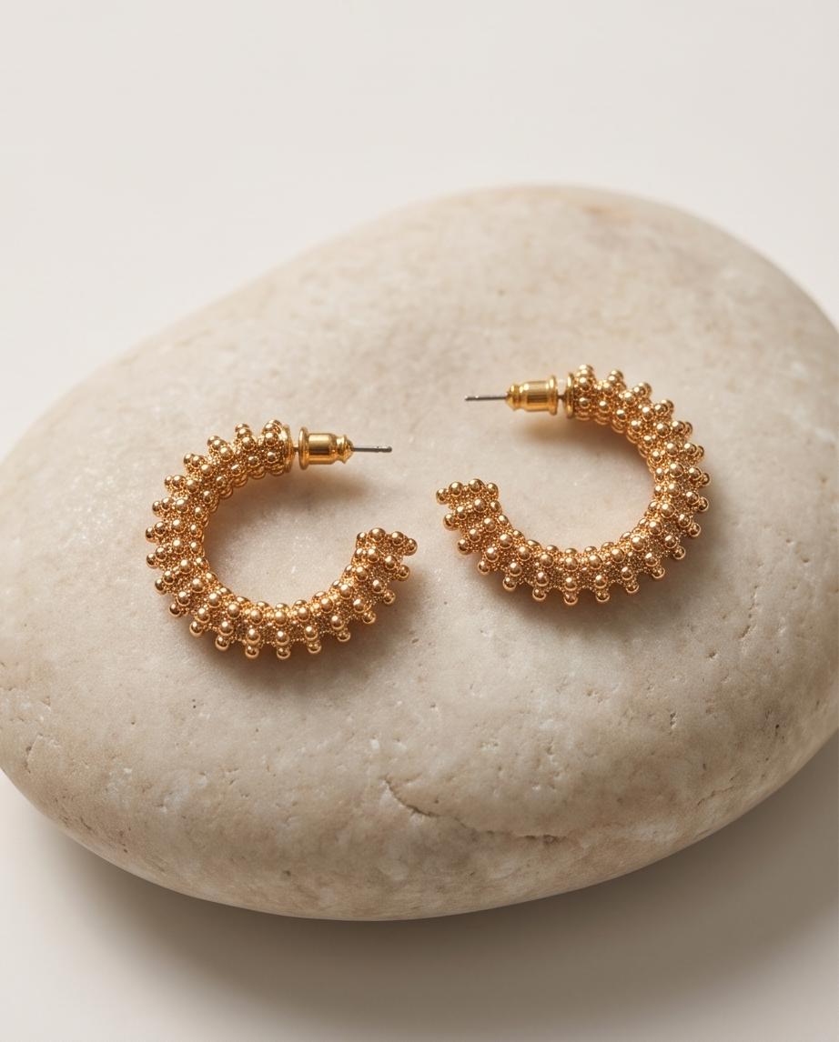 Gold beaded granulation hoop earrings on white stone