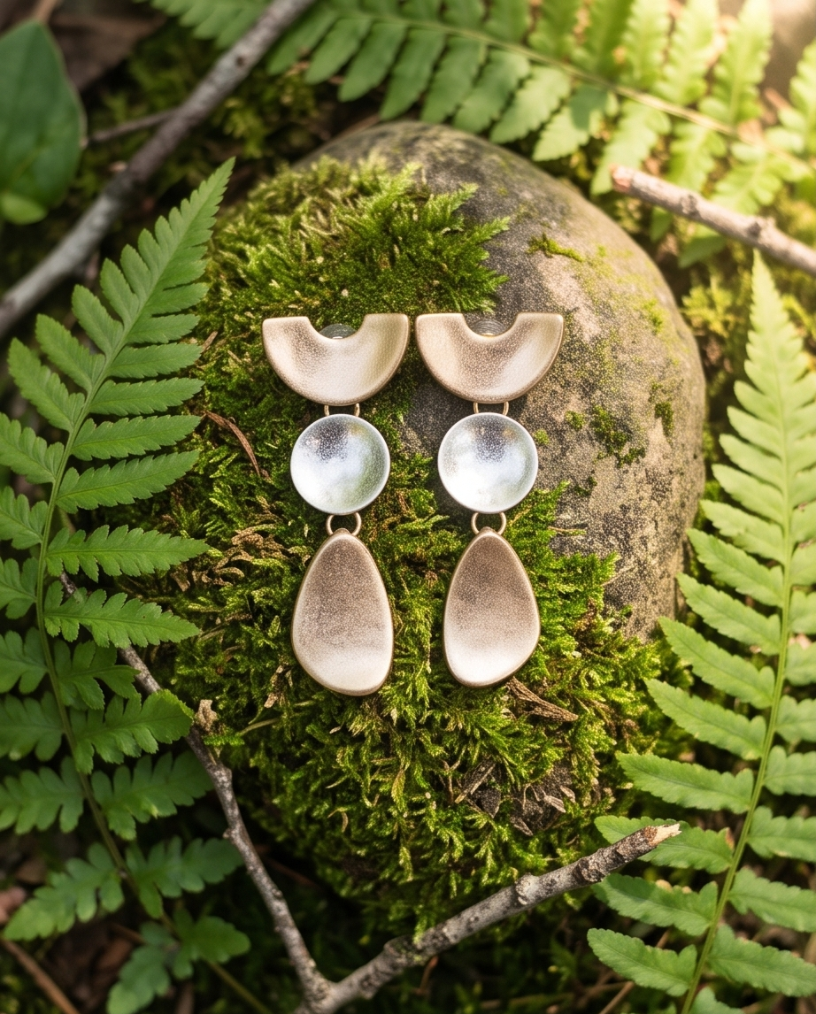 Gold and silver sculptural three-drop statement earrings on mossy rock with ferns