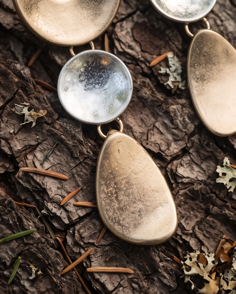 Close-up of gold and silver sculptural three-drop earring components on dark tree bark with pine needles