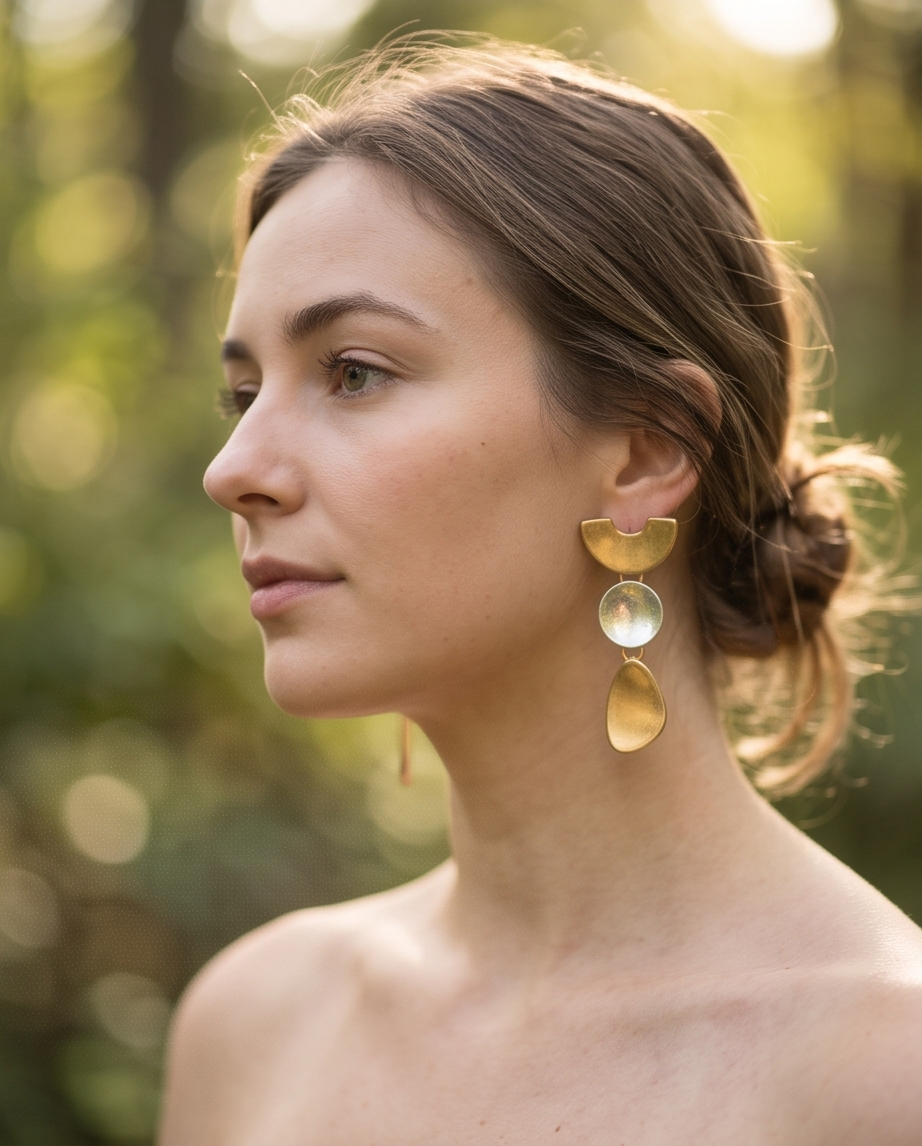 Model wearing gold and silver sculptural three-drop statement earrings in dappled forest light