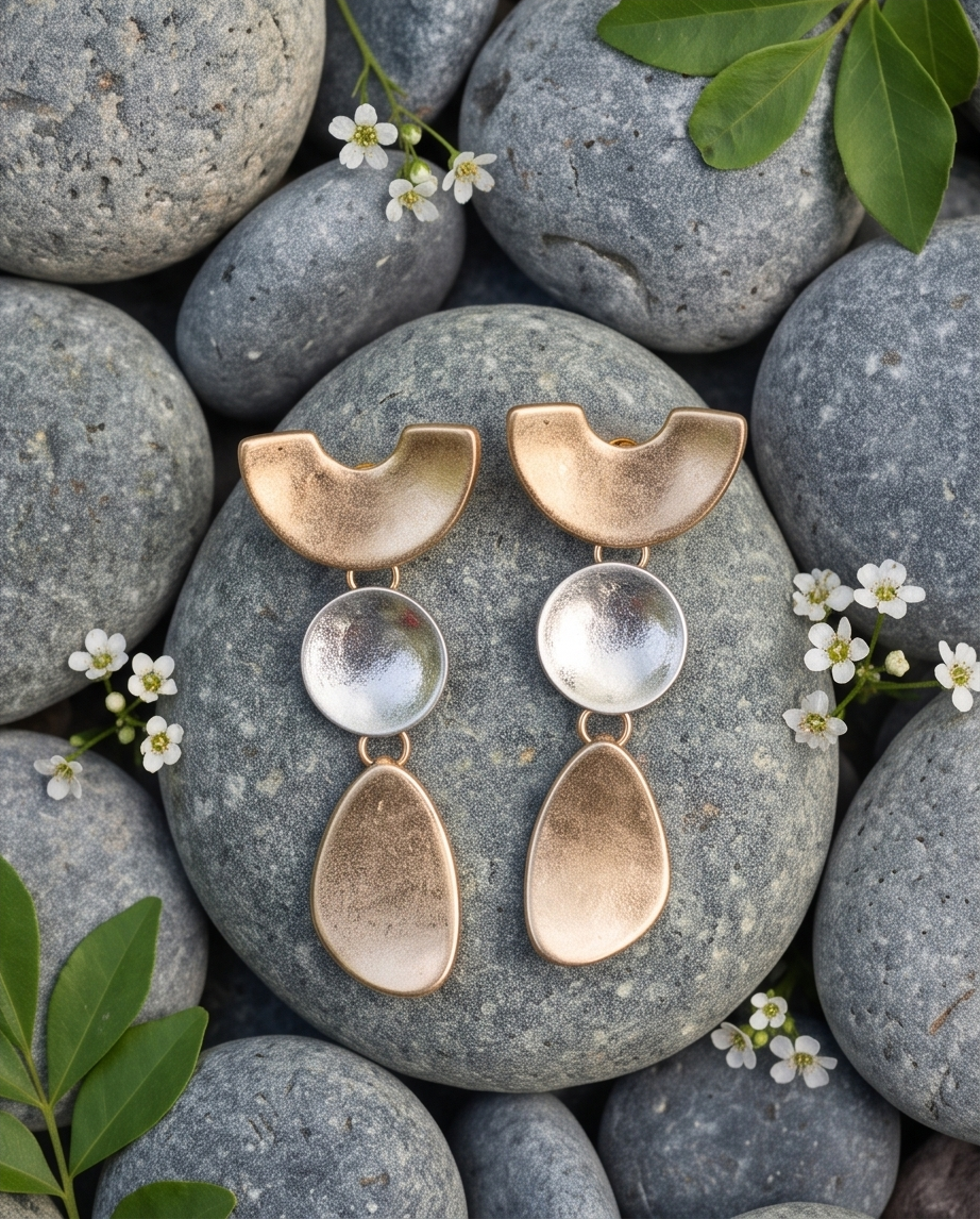 Gold and silver sculptural three-drop statement earrings flat lay on smooth grey pebble with white flowers