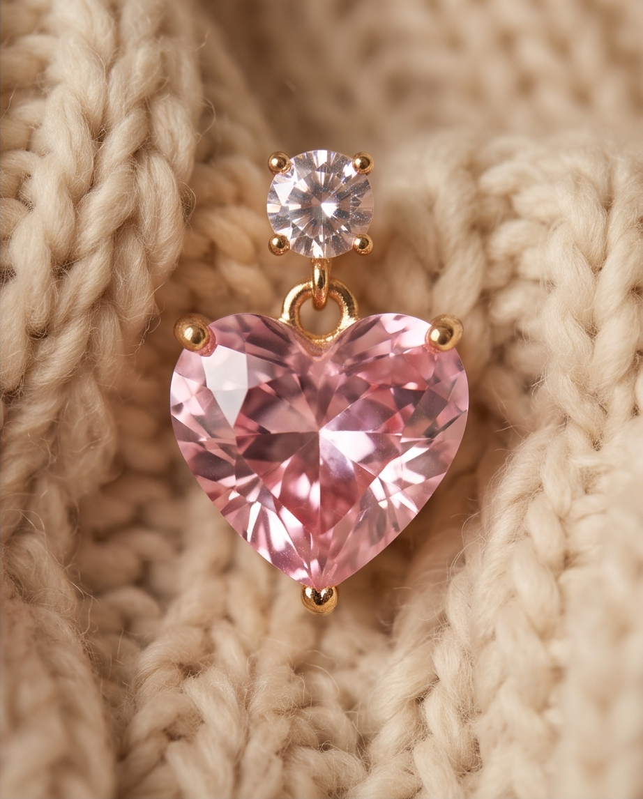 Close-up of rose gold pink heart crystal drop earring on cream knit fabric