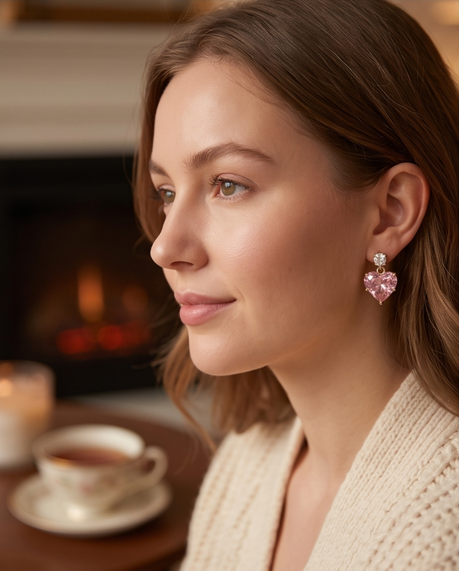 Model wearing rose gold pink heart crystal drop earrings by fireplace in cosy setting