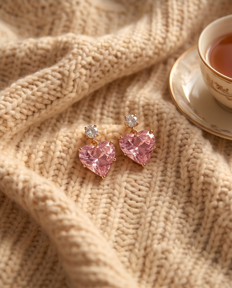 Rose gold pink heart crystal drop earrings on cream knit with teacup