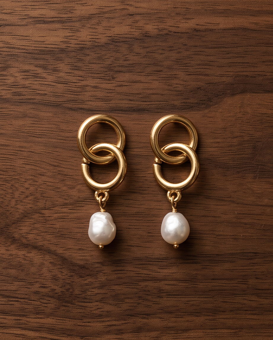 Gold double ring baroque pearl drop earrings flat lay on dark walnut wood surface
