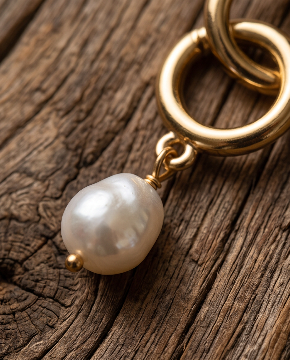 Close-up of baroque pearl drop pendant suspended from gold double rings on rustic wood