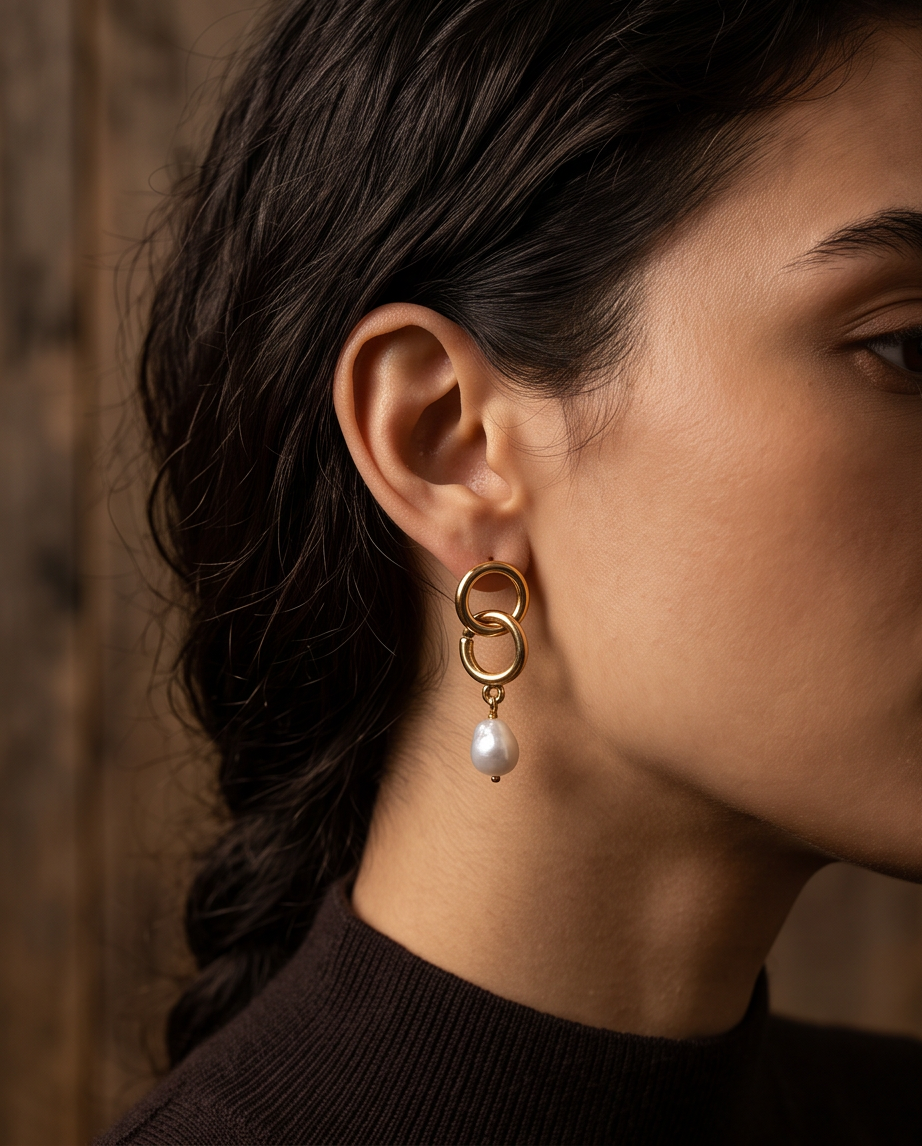 Model wearing gold double ring baroque pearl drop earrings with dark turtleneck