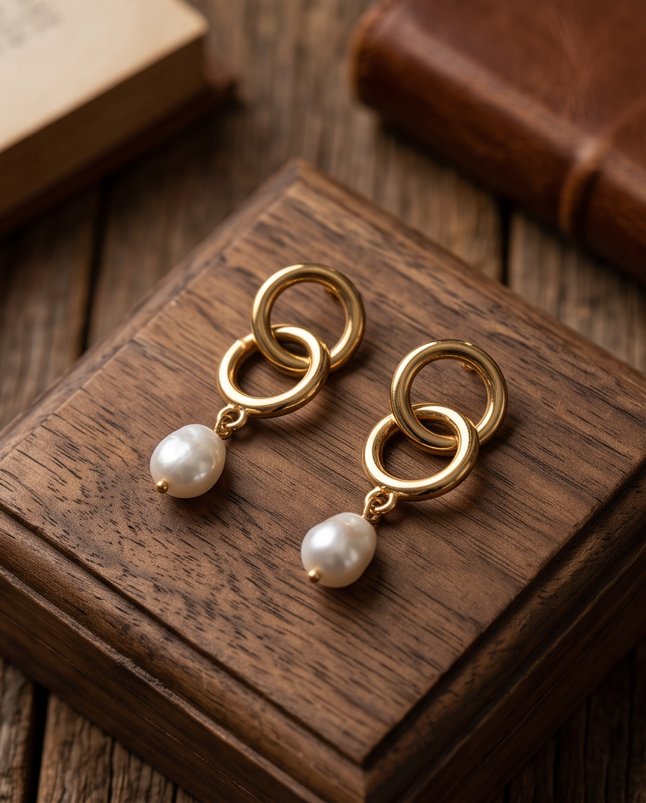 Gold double ring baroque pearl drop earrings on dark walnut wood box with books in background