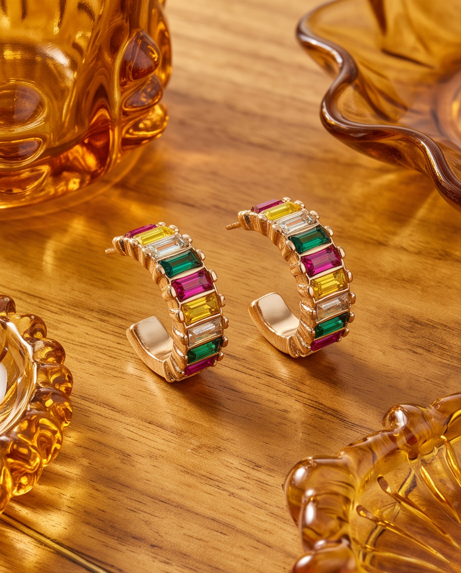 Close-up of gold rainbow baguette crystal hoop earring showing emerald, ruby, yellow and clear crystal baguettes