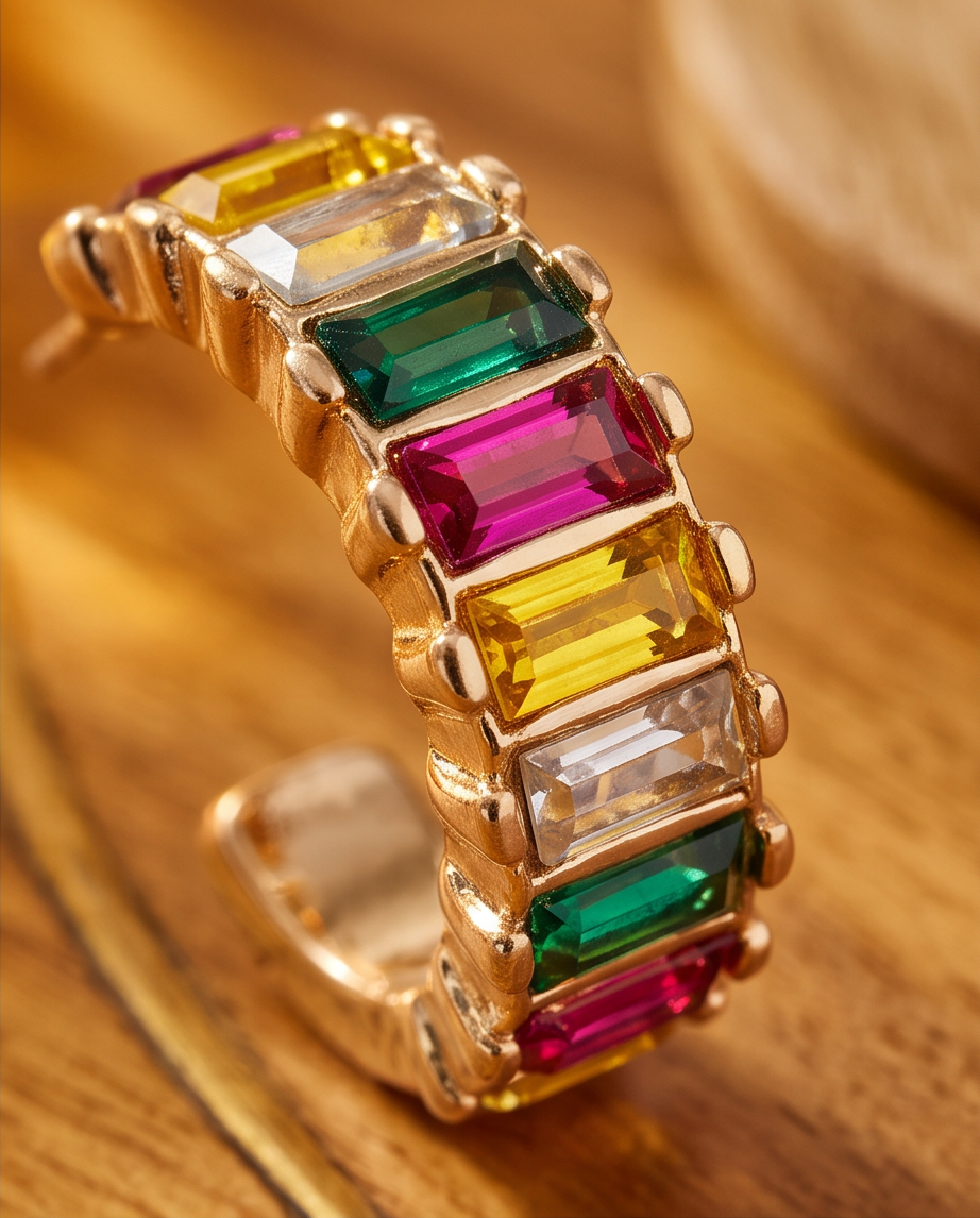 Macro close-up of rainbow baguette crystal hoop earring showing faceted emerald, fuchsia, yellow and clear gems in gold prong setting