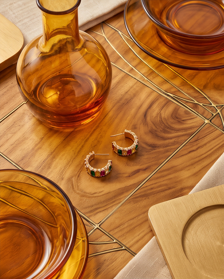 Gold rainbow baguette crystal hoop earrings flat lay on walnut wood surface with amber glassware styling