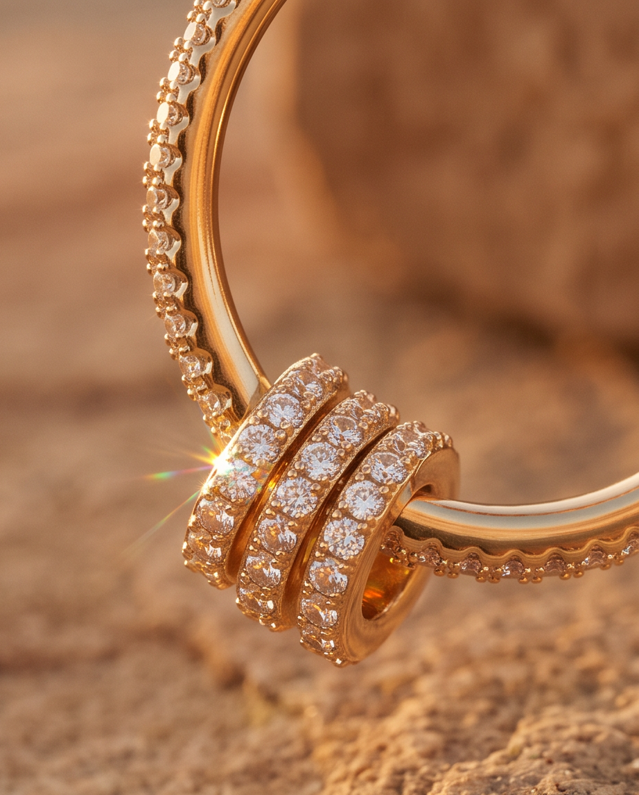 Macro close-up of triple pavé crystal knot detail on rose gold hoop earring with sun flare