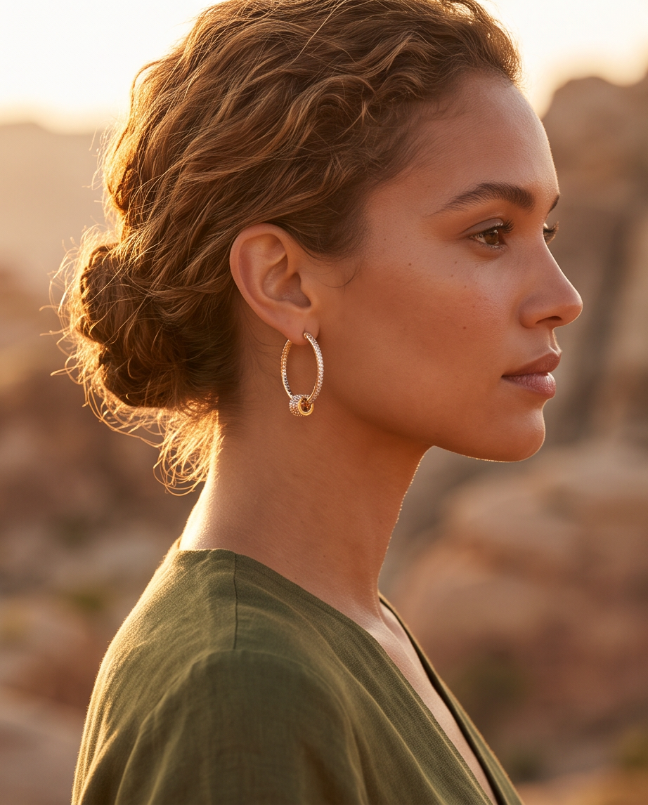 Model wearing rose gold pavé crystal knot hoop earrings in desert golden hour setting with hair up