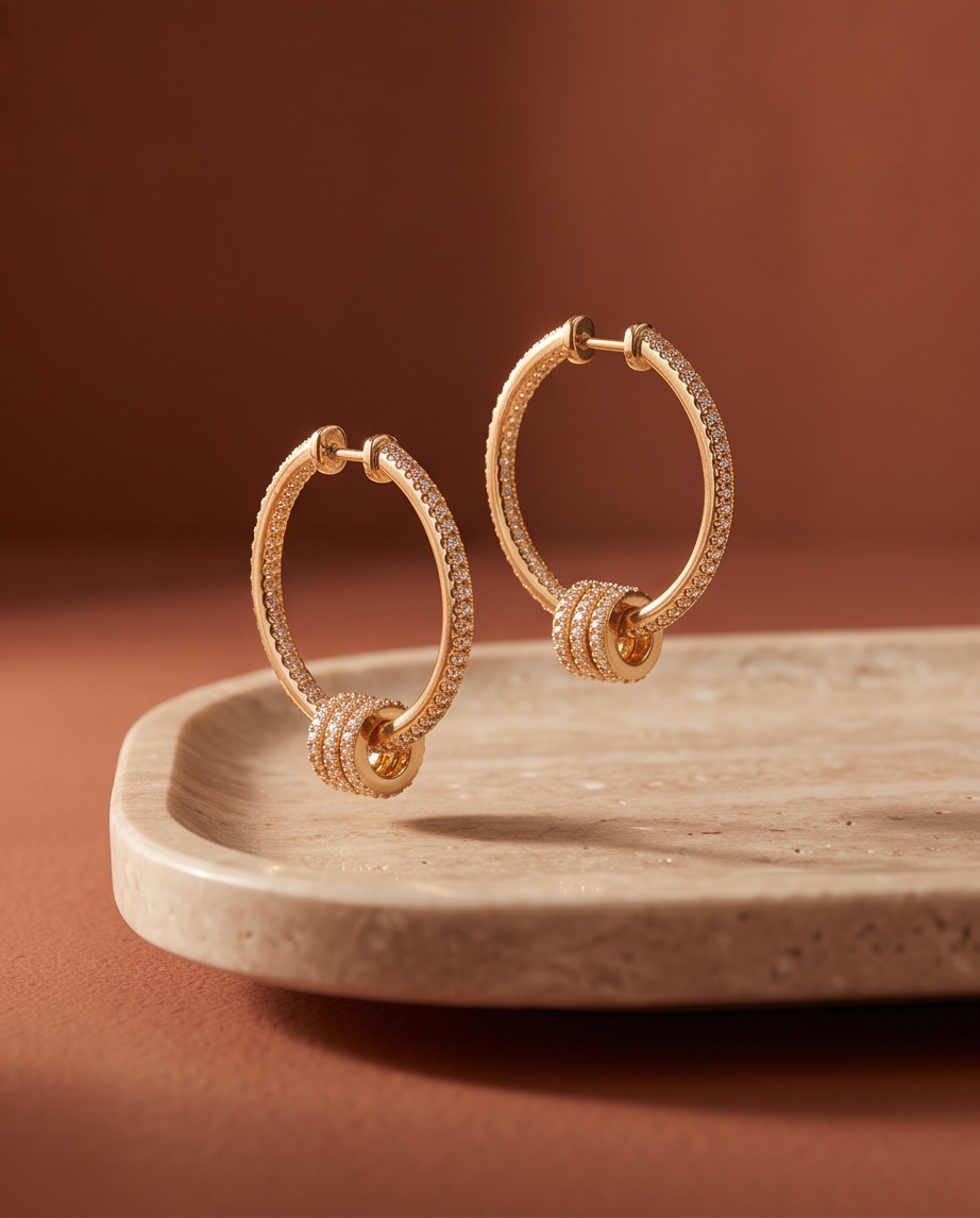 Rose gold pavé crystal knot hoop earrings styled on a stone tray against warm terracotta background