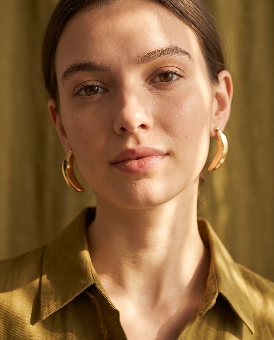 Portrait of model wearing gold sculptural crescent stud earrings with olive shirt and curtain backdrop