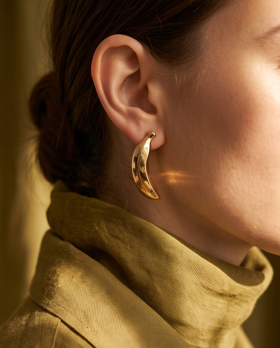Close-up of gold sculptural crescent stud earring worn on ear showing curved tapered silhouette against golden fabric