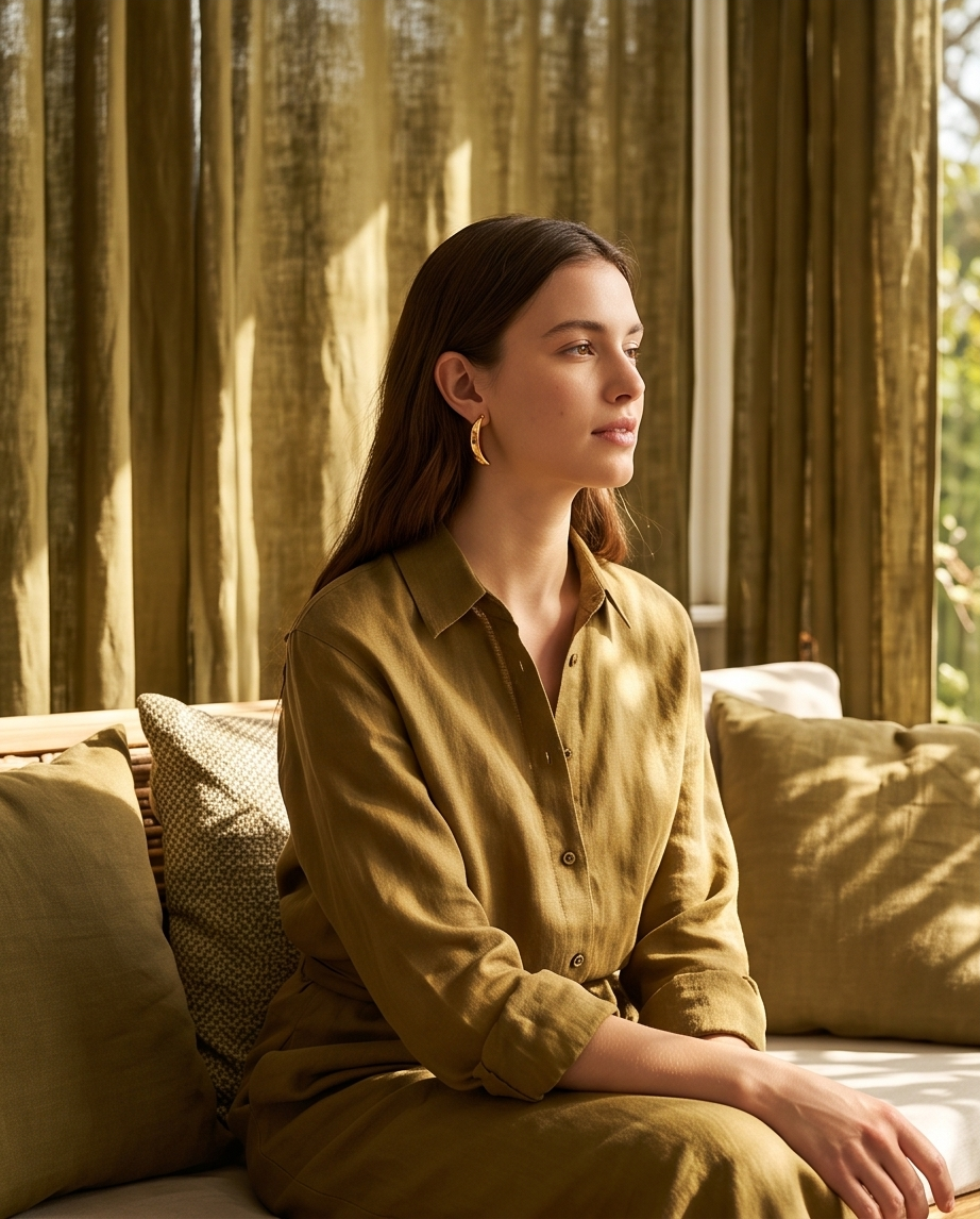 Model wearing gold sculptural crescent stud earrings seated on sofa in warm olive linen shirt with dappled light through curtains