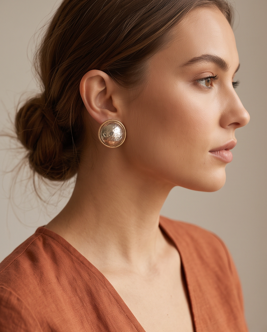 Model wearing gold rim hammered silver dome button stud earrings in profile view with hair up and terracotta linen top