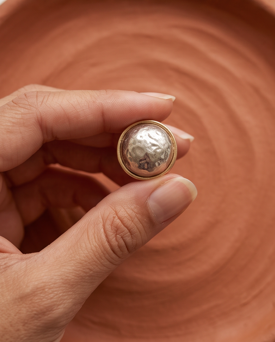 Close-up hand holding single gold rim hammered silver dome button stud earring over terracotta plate showing texture detail