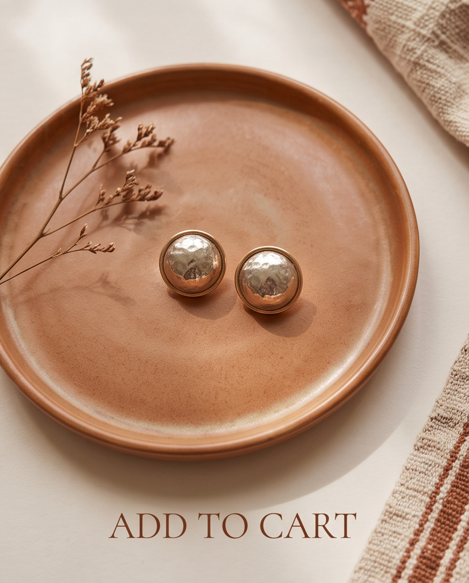 Gold rim hammered silver dome button stud earrings flat lay on terracotta ceramic plate with dried botanicals and woven textile