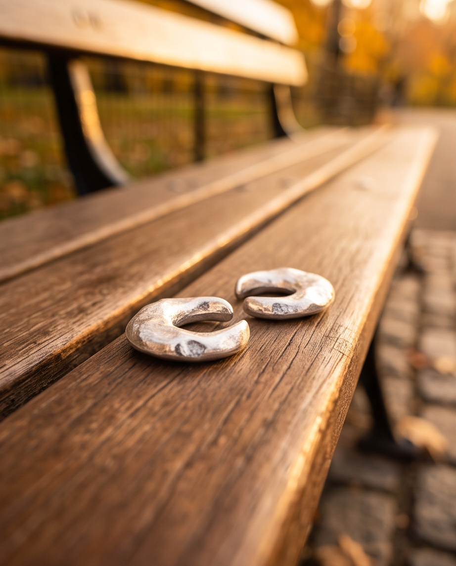 Pair of chunky hammered silver crescent hoop earrings resting on a weathered wooden park bench in golden autumn light