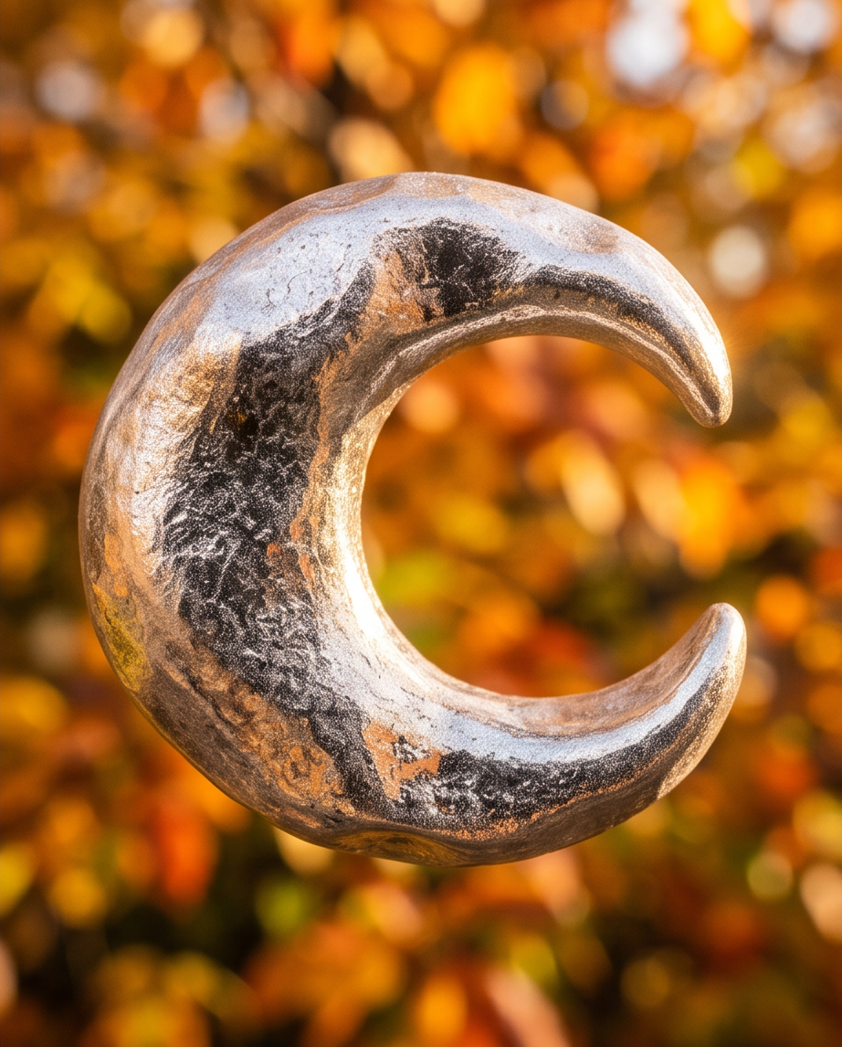 Macro close-up of single chunky hammered silver crescent hoop earring suspended against golden autumn bokeh foliage
