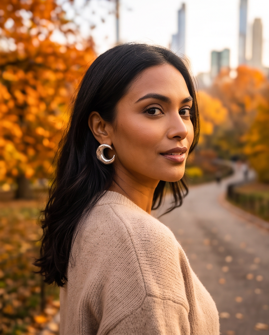 Model wearing chunky hammered silver crescent hoop earrings in an autumn park with orange foliage and city skyline backdrop, wearing camel knit sweater