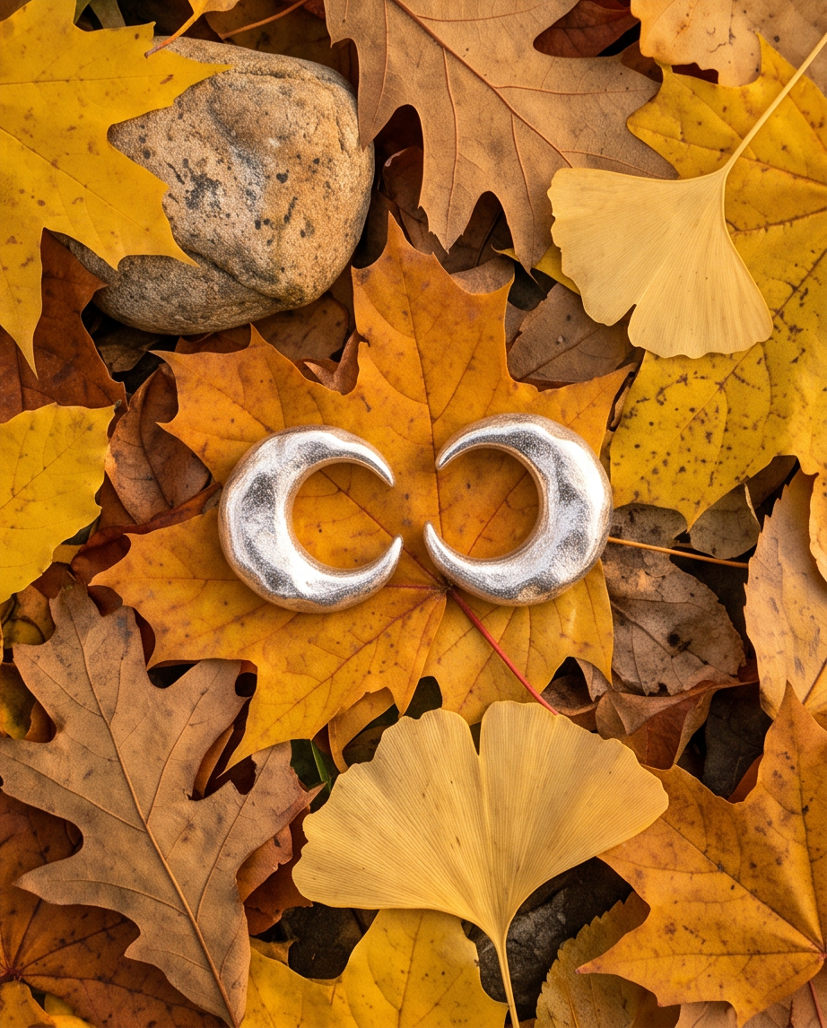 Pair of chunky hammered silver crescent hoop earrings flat lay on orange maple leaf surrounded by autumn foliage, ginkgo leaves and pebbles