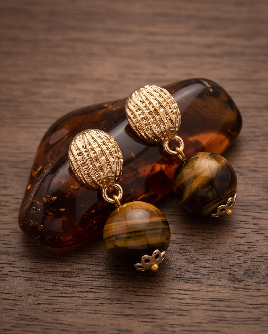 Gold Ribbed Dome Tiger's Eye Ball Drop Earrings pair resting on amber stone surface