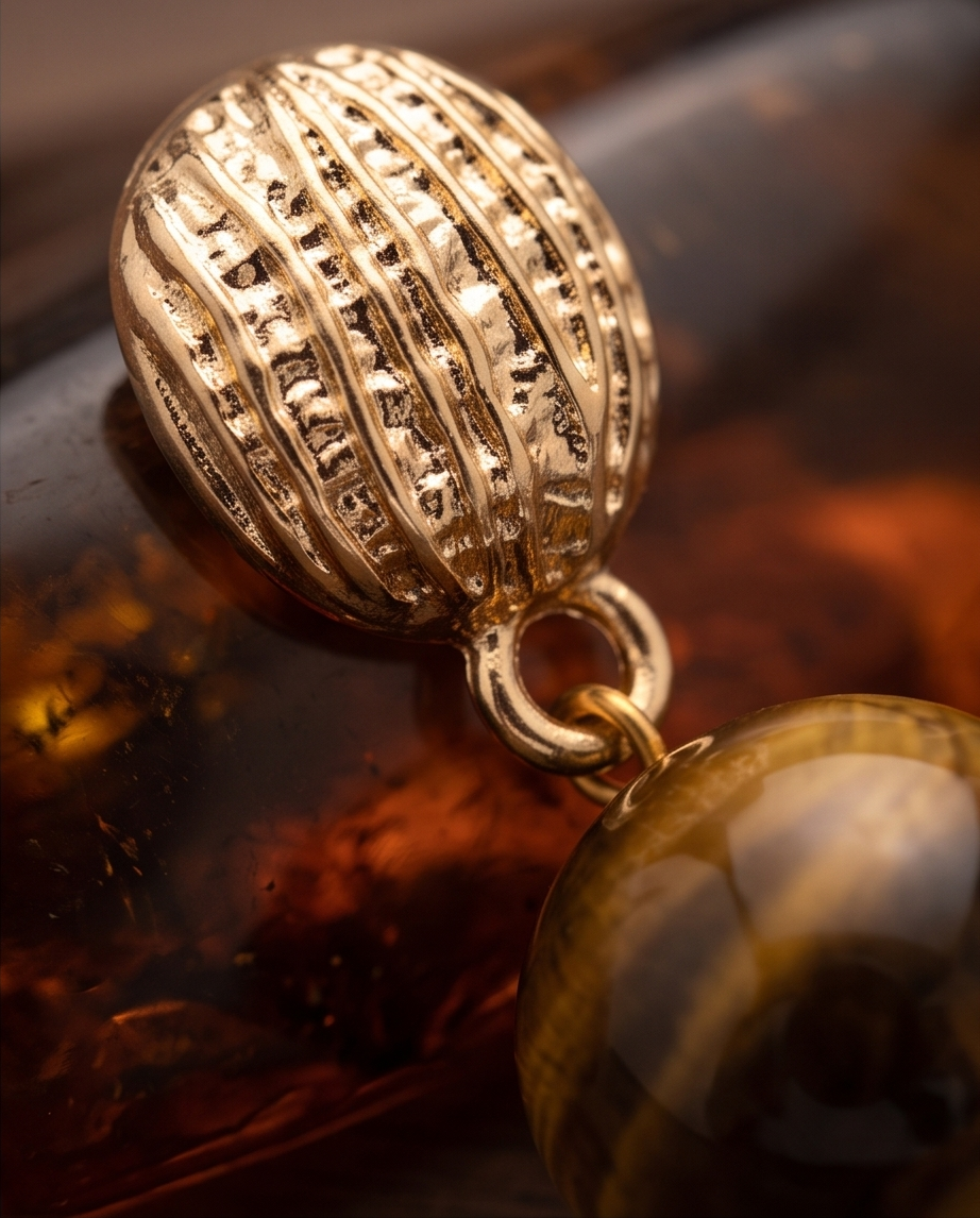 Gold Ribbed Dome Tiger's Eye Ball Drop Earrings close-up of gold dome stud detail