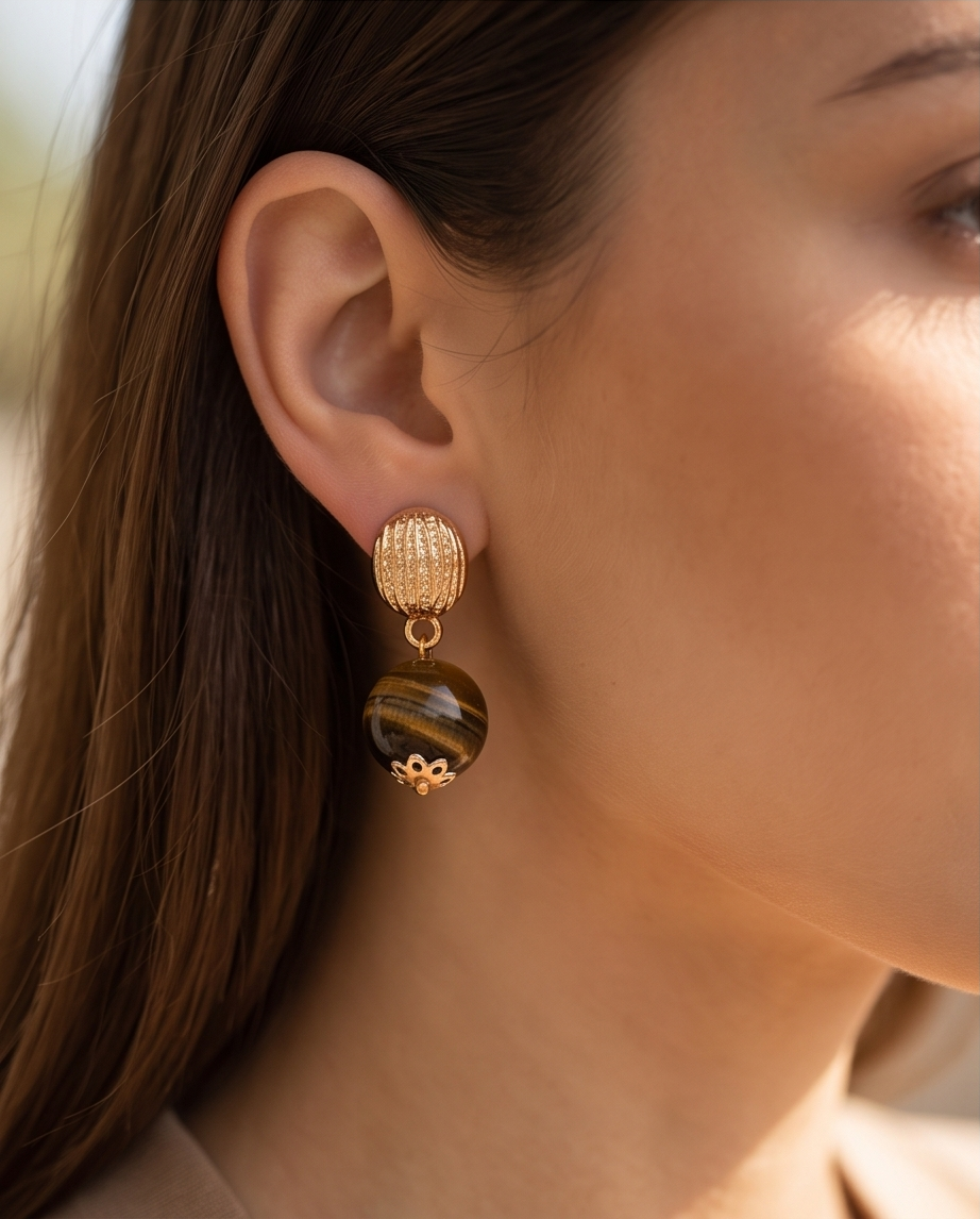 Gold Ribbed Dome Tiger's Eye Ball Drop Earrings worn on model with brown hair