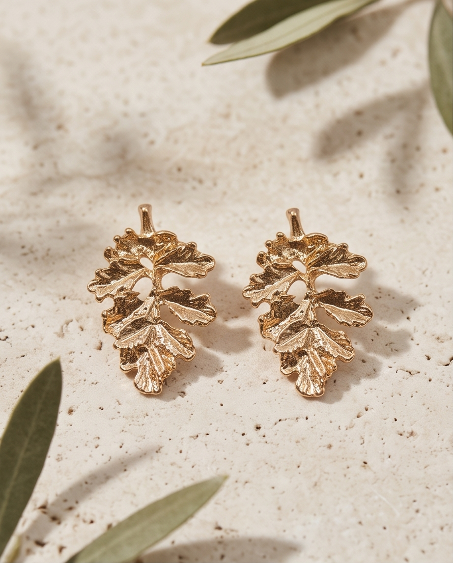 Gold oak leaf earring close-up detail