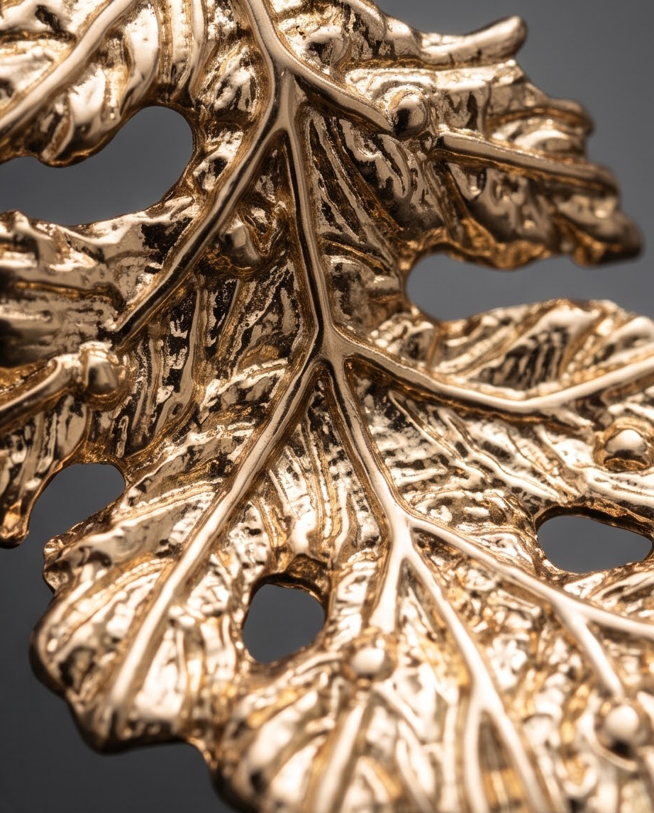 Gold botanical leaf stud earring macro close-up showing vein and texture detail